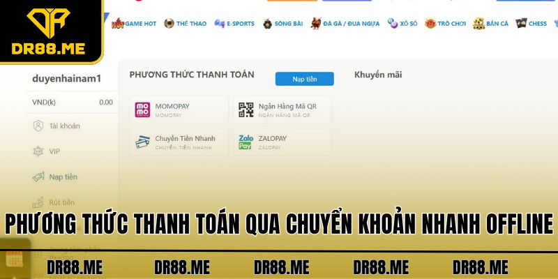 Nạp Tiền DR88 - Hướng Dẫn Thanh Toán Qua 4 Phương Thức Phương thức thanh toán qua chuyển khoản nhanh offline