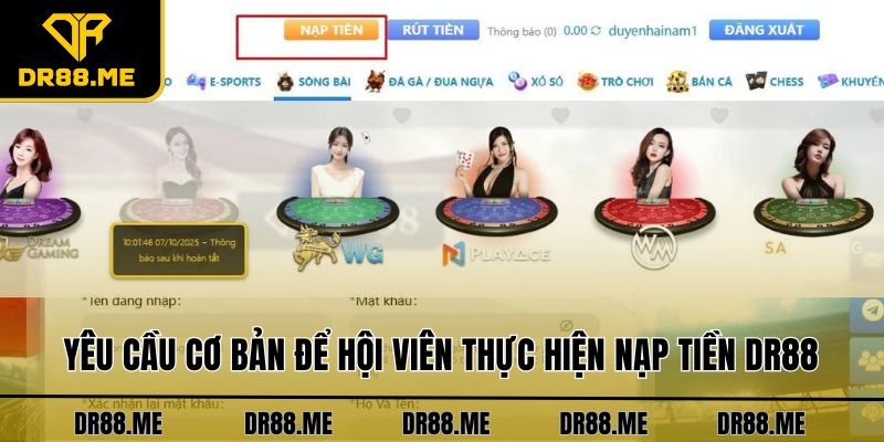 Nạp Tiền DR88 - Hướng Dẫn Thanh Toán Qua 4 Phương Thức Yêu cầu cơ bản để hội viên thực hiện nạp tiền DR88